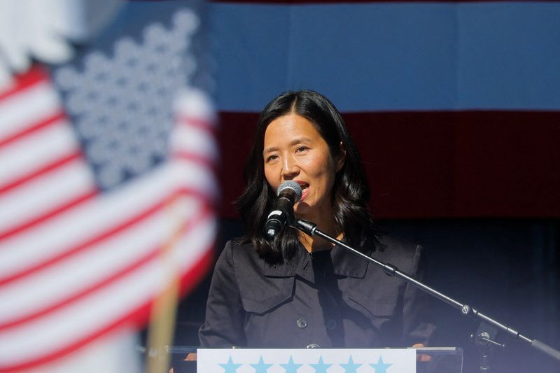 Mayor of Boston Michelle Wu speaks during a "No Kings" protest against U.S. President Donald Trump's policies, in Boston, Massachusetts, U.S., October 18, 2025. REUTERS/Brian Snyder