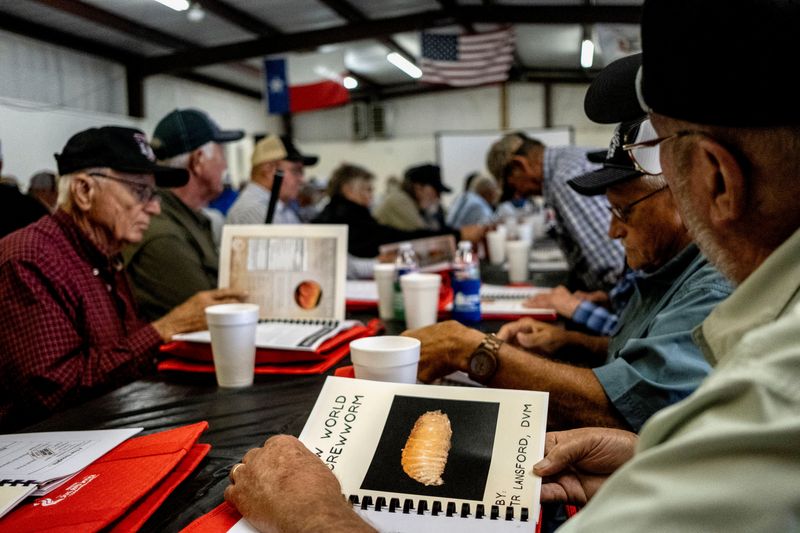 Cattle ranchers attend a presentation on the threat of the New World Screwworm during the Fayette County Cow/Calf Clinic and Trade Show in La Grange, Texas, U.S., May 1, 2026.  REUTERS/Joel Angel Juarez