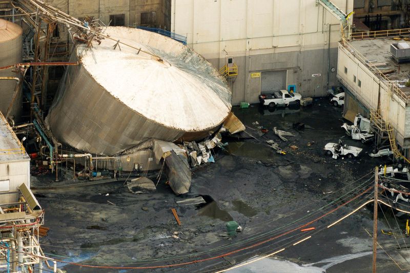 FILE PHOTO: A drone view of a chemical tank after its rupture at the Nippon Dynawave Packaging pulp and paper mill in Longview, Washington, U.S., May 26, 2026. REUTERS/David Ryder/File Photo