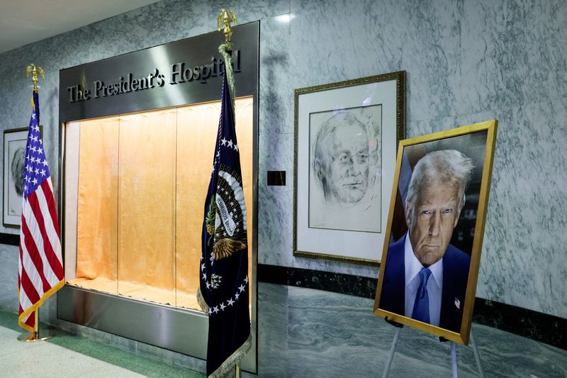 FILE PHOTO: A picture of U.S. President Donald Trump is displayed at Walter Reed National Military Medical Center on the day of his visit, in Bethesda, Maryland, U.S., May 26, 2026. REUTERS/Kylie Cooper/File Photo