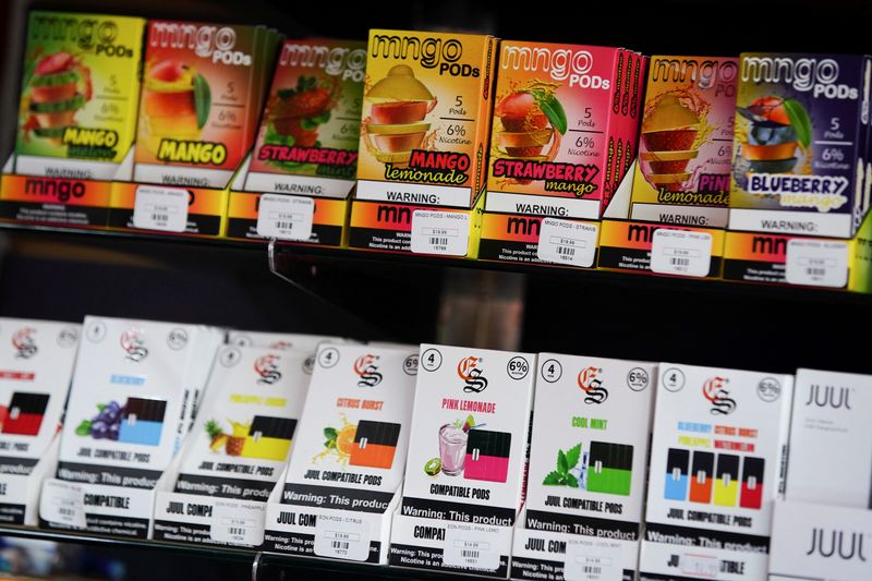 FILE PHOTO: Flavored vape cartridges are pictured for sale at a shop in Atlanta, Georgia, U.S.,  September 26, 2019. REUTERS/Elijah Nouvelage/File Photo