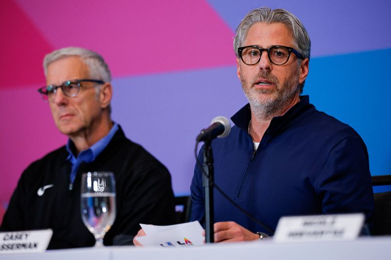 LA28 chairperson and president Casey Wasserman speaks during a press conference, which he holds along with officials from the International Olympic Committee (IOC) Coordination Commission, updating progress on the 2028 Olympic Games, in Los Angeles, California, U.S., June 4, 2026.  REUTERS/Mike Blake