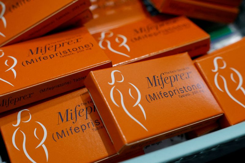 FILE PHOTO: A container holding boxes of Mifepristone, the first medication in a medical abortion, are prepared for patients at Alamo Women's Clinic in Carbondale, Illinois, U.S., April 20, 2023. REUTERS/Evelyn Hockstein/File Photo