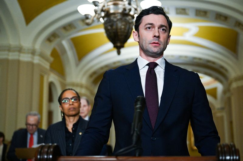 U.S. Senator Jon Ossoff (D-GA) speaks at a press conference following the Democratic weekly policy lunch on Capitol Hill in Washington, D.C., U.S., December 9, 2025. REUTERS/Annabelle Gordon