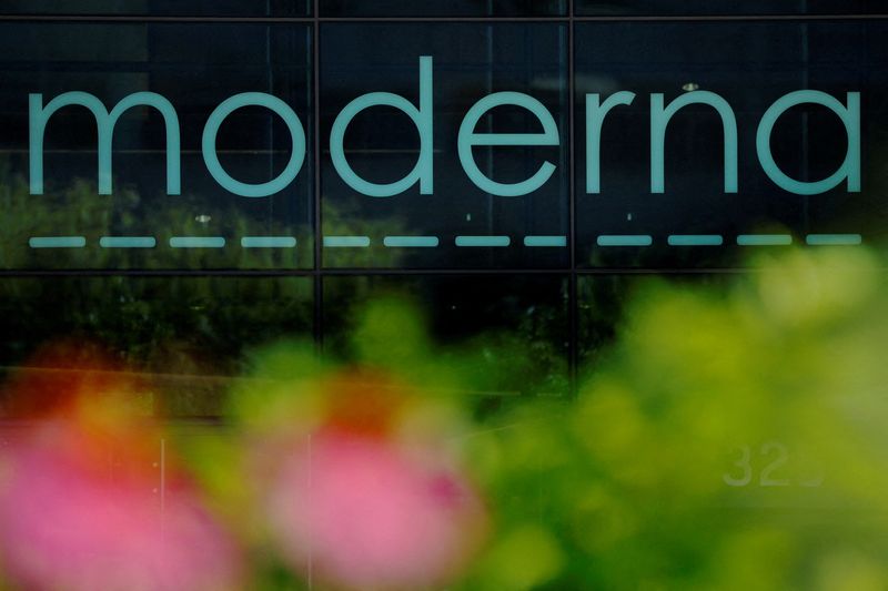 FILE PHOTO: A sign marks the offices of Moderna in Cambridge, Massachusetts, U.S., July 22, 2025.   REUTERS/Brian Snyder/File Photo