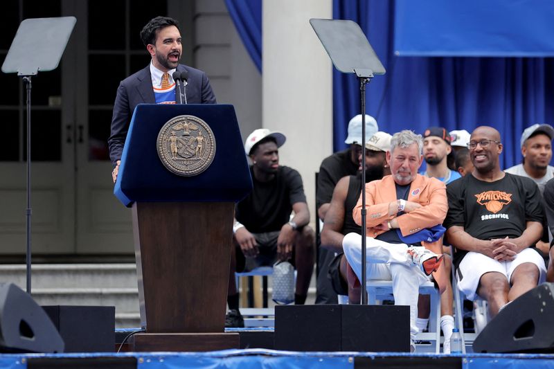Jun 18, 2026; New York, NY, USA; New York City mayor Zohran Mamdani speaks during a ceremony at city hall after the New York Knicks championship parade. Mandatory Credit: Brad Penner-Imagn Images
