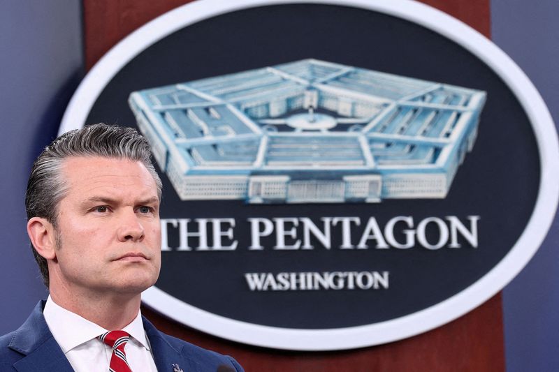 FILE PHOTO: U.S. Secretary of Defense Pete Hegseth holds a briefing on the Iran war, with Chairman of the Joint Chiefs of Staff General Dan Caine (not pictured), at the Pentagon in Washington, D.C., U.S., May 5, 2026. REUTERS/Kevin Lamarque/File Photo