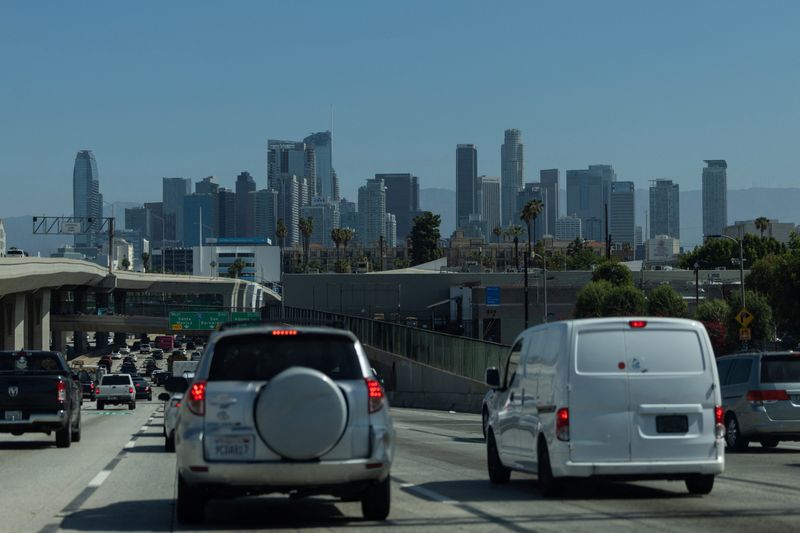Vehicles drive on the 110 freeway towards downtown Los Angeles, in Los Angeles, California, U.S., April 23, 2026. REUTERS/Mike Blake