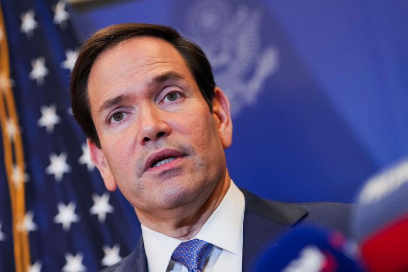 U.S. Secretary of State Marco Rubio speaks with members of the media before departing for Bahrain International Airport after his visit to the Middle East to discuss the interim deal between the U.S. and Iran with Arab Gulf allies, in Manama, Bahrain, June 25, 2026. REUTERS/Eric Lee/Pool