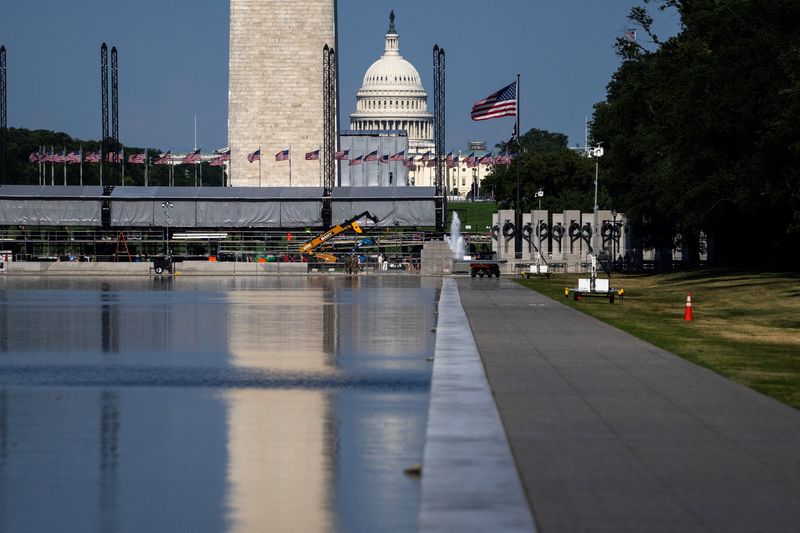 Construction continues at Reflecting Pool near the Lincoln Memorial on the National Mall in Washington D.C., U.S., June 25, 2026. REUTERS/Nathan Howard