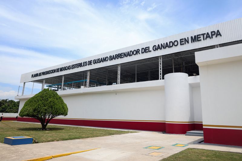 A view of the facade of a recently inaugurated sterile fly production plant during a media tour following its opening, a key step to contain the cross-border spread of the New World screwworm and its impact on cattle trade, in Metapa de Dominguez, Chiapas, Mexico, June 27, 2026. REUTERS/Damian Sanchez