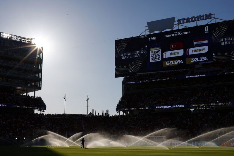 Soccer Football - FIFA World Cup 2026 - Group D - Turkey v Paraguay - San Francisco Bay Area Stadium, Santa Clara, California, U.S. - June 19, 2026 General view inside the stadium as the pitch is watered by sprinklers before the match REUTERS/Carlos Barria