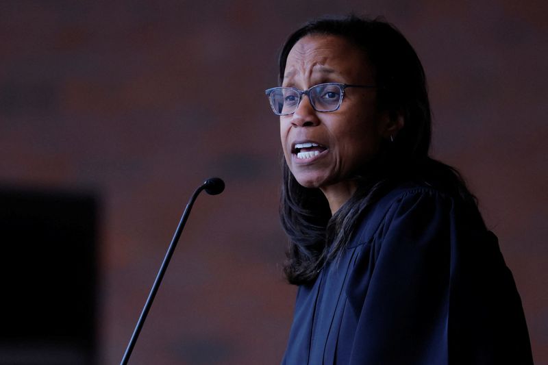 FILE PHOTO: U.S. District Court Chief Judge Denise Casper presides over the Investiture Ceremony for U.S. District Judge Brian Murphy at the federal courthouse in Boston, Massachusetts, U.S., September 17, 2025. REUTERS/Brian Snyder/File Photo