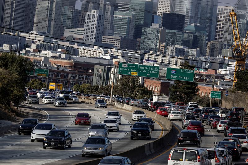 A view of cars on the road during rush hour traffic jam, while California's government authorities are expected to put into effect a plan to prohibit the sale of new gasoline-powered cars by 2035, according to local media, in San Francisco, California, U.S. August 24, 2022. REUTERS/Carlos Barria