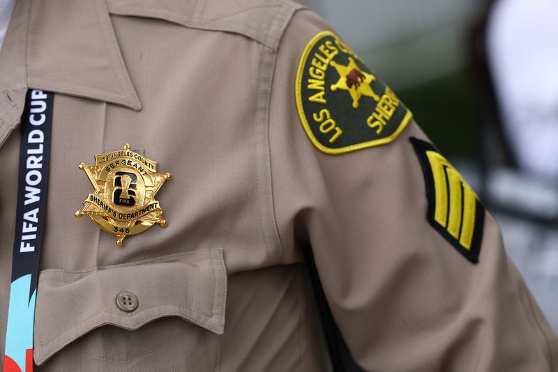 Soccer Football - FIFA World Cup 2026 - Group G - Belgium v Iran - Los Angeles Stadium, Inglewood, California, U.S. - June 21, 2026 A FIFA World Cup 2026 branded Sheriff's badge is pictured inside the stadium before the match REUTERS/Matthew Childs