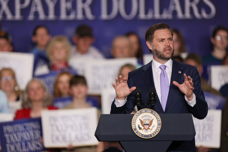 U.S. Vice President JD Vance speaks about the Trump administration's effort to combat fraud, in Bangor, Maine, U.S., May 14, 2026. REUTERS/Taylor Coester