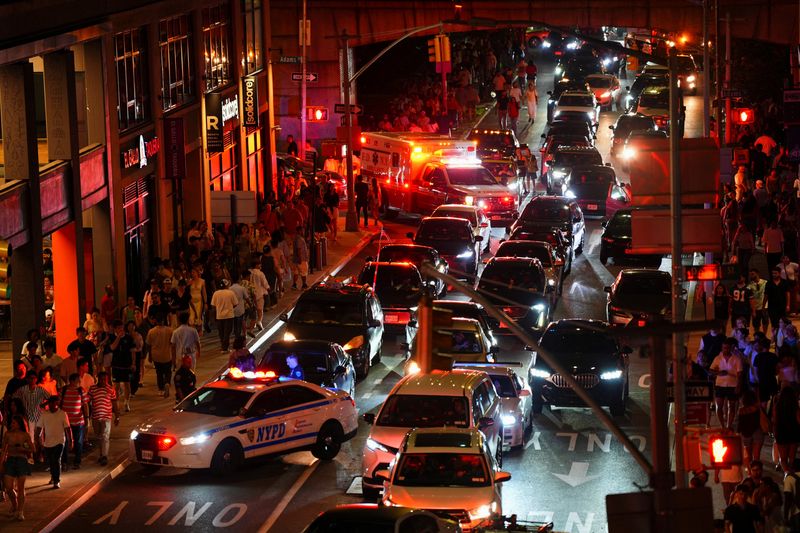An ambulance in traffic, as the United States celebrates its 250th anniversary on Independence Day in New York City, U.S., July 4, 2026. REUTERS/Angelina Katsanis