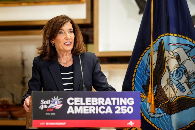 New York Governor Kathy Hochul speaks during a press conference ahead of Sail4th 250 in New York City, U.S., June 28, 2026. REUTERS/Eduardo Munoz