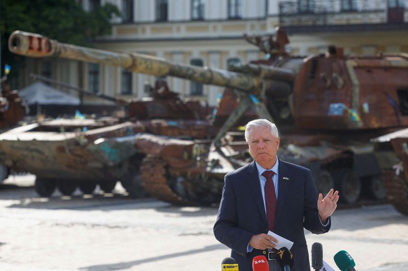 FILE PHOTO: A picture taken on July 10, 2026 shows U.S. Senator Lindsey Graham (R-SC) speaking to the media after his meeting with Ukraine's President Volodymyr Zelenskiy, amid Russia's attack on Ukraine, in Kyiv, Ukraine. REUTERS/Valentyn Ogirenko/File Photo