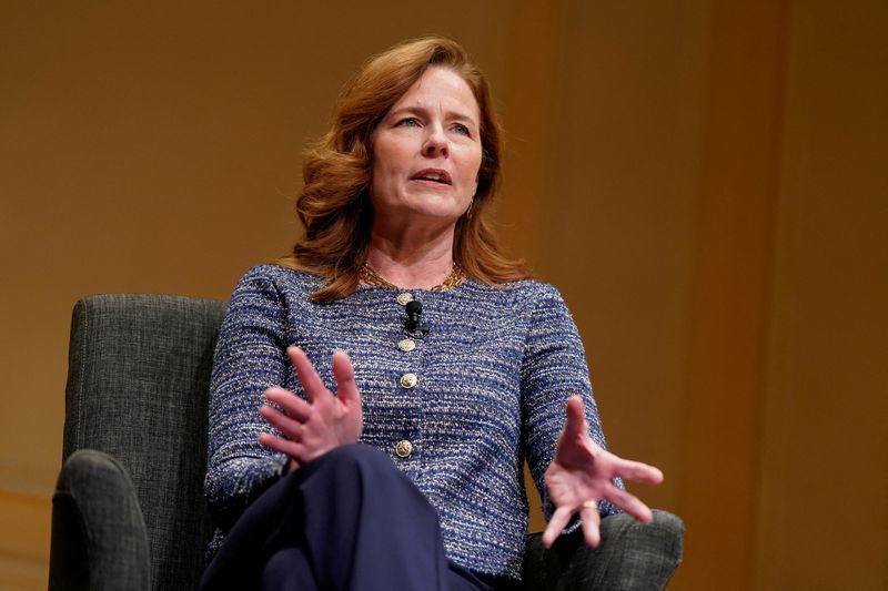FILE PHOTO: U.S. Supreme Court Justice Amy Coney Barrett takes part in the Supreme Court Fellows Program annual lecture at the Library of Congress in Washington, D.C., U.S., March 12, 2026. REUTERS/Elizabeth Frantz/File Photo