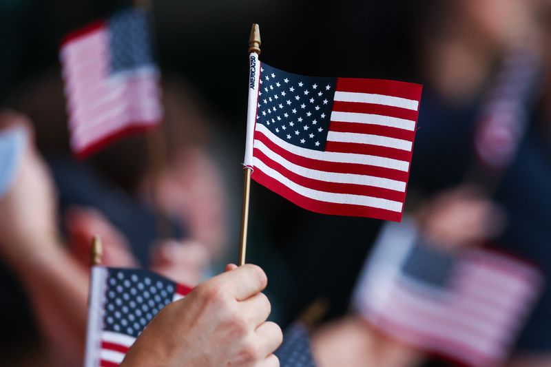 Jul 4, 2026; Cumberland, Georgia, USA; A detailed view of an American flag waved by a fan before a game between the Atlanta Braves and New York Mets at Truist Park. Mandatory Credit: Colin Hubbard-Imagn Images