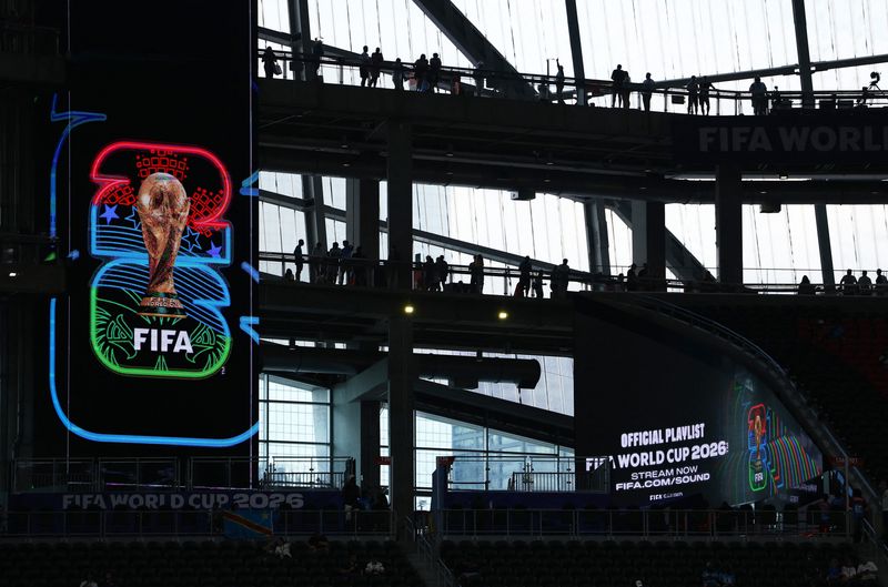 Soccer Football - FIFA World Cup 2026 - Group K - DR Congo v Uzbekistan - Atlanta Stadium, Atlanta, Georgia, U.S. - June 27, 2026 General view of a FIFA World Cup logo on display inside the stadium before the match REUTERS/Claudia Greco