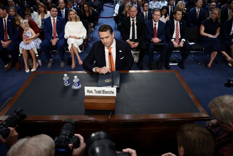 Acting U.S. Attorney General Todd Blanche takes his seat to testify before a Senate Judiciary Committee confirmation hearing on his nomination to be attorney general, on Capitol Hill in Washington, D.C., U.S., July 15, 2026. REUTERS/Evelyn Hockstein