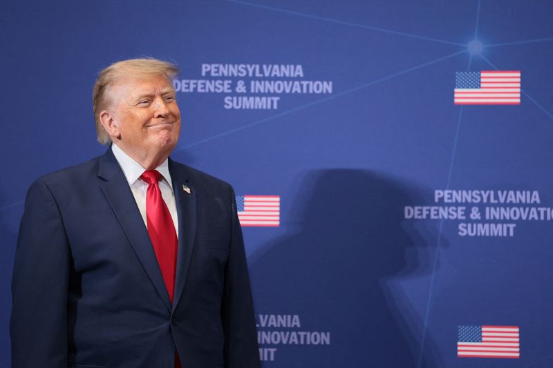 U.S. President Donald Trump reacts at the Pennsylvania Defense and Innovation Summit at the United States Army War College in Carlisle, Pennsylvania, U.S., July 15, 2026. REUTERS/Kylie Cooper