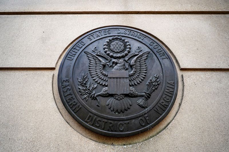 The seal of the U.S. District Court for the Eastern District of Virginia, at the Albert V. Bryan courthouse, stands in Alexandria, Virginia, U.S., September 25, 2025. REUTERS/Al Drago