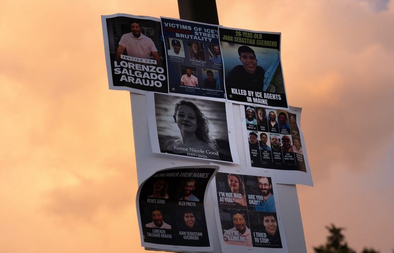 Photographs of Lorenzo Salgado Araujo, Johan Sebastian Guerrero, Renee Good, and Alex Pretti, who were killed by U.S. immigration agents, are displayed during a vigil held by Valerie Araujo and community members with The ReMIX Way outside the Southeast Community Center in Nashville, Tennessee, U.S., July 16, 2026. Nicole Hester/USA TODAY NETWORK via Imagn Images via REUTERS