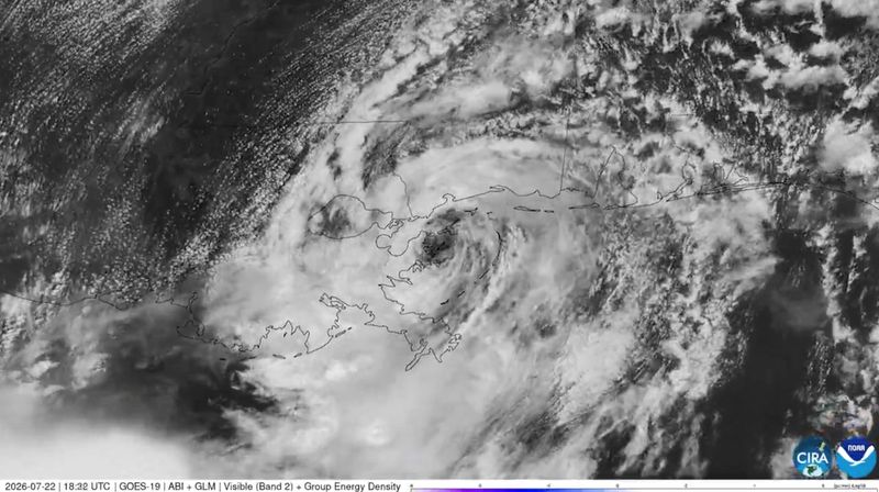 Satellite imagery shows storm Bertha making landfall in Louisiana, U.S., July 22, 2026.   CSU/CIRA & NOAA/Handout via REUTERS