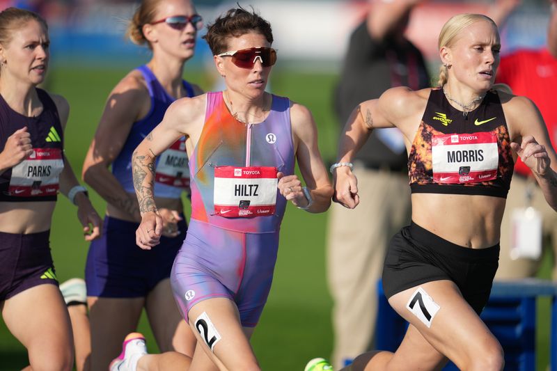 Jul 23, 2026; New York, NY, USA; Nikki Hiltz and Gracie Morris un in a women's 1,500m heat during the USATF Championships at Icahn Stadium. Mandatory Credit: Kirby Lee-Imagn Images