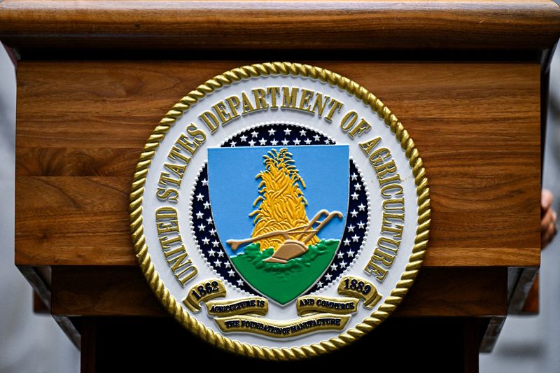 FILE PHOTO: A U.S. Department of Agriculture podium plaque at the USDA building in Washington, D.C., U.S., March 24, 2026. REUTERS/Annabelle Gordon/File Photo