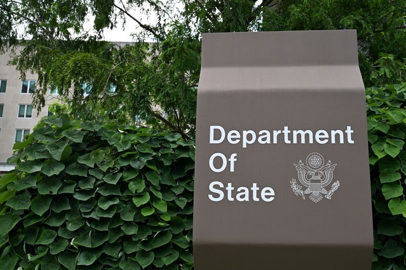 A general view of a U.S. State Department sign outside the U.S. State Department building in Washington, D.C., U.S., July 11, 2025. REUTERS/Annabelle Gordon