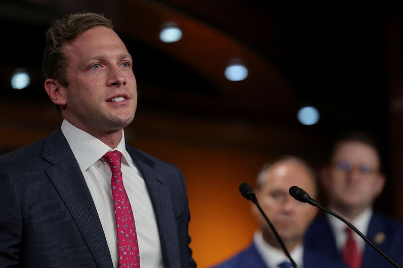 FILE PHOTO: U.S. Representative Max Miller (R-OH) joins House Republican Study Committee members as they hold a press conference to discuss their resolution against hateful political rhetoric on the one-year anniversary of the Butler, PA, shooting of then-candidate Donald Trump, on Capitol Hill in Washington, D.C., U.S., July 14, 2025. REUTERS/Jonathan Ernst/File Photo