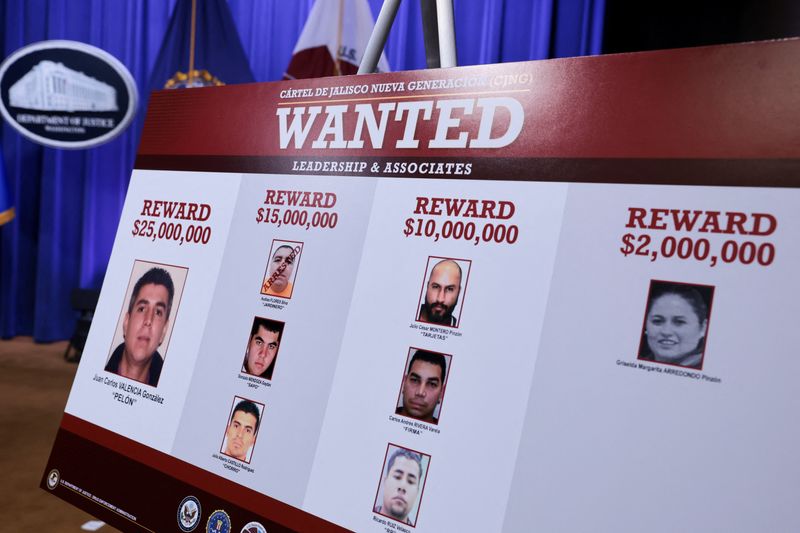 A board featuring images of wanted members of the Jalisco New Generation Cartel (CJNG) on the day of a press conference to announce new Trump administration actions against the CJNG, at the Justice Department in Washington, D.C., U.S., August 5, 2026. REUTERS/Jonathan Ernst