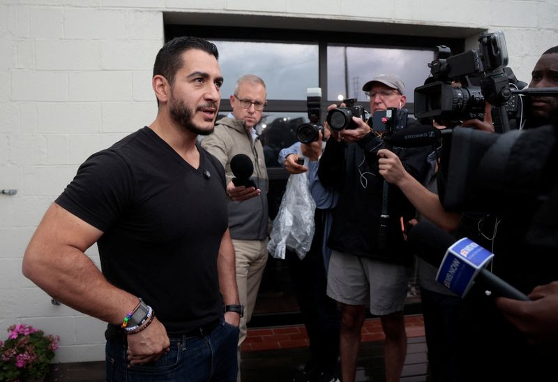 U.S. Democratic Senate candidate Abdul El-Sayed speaks to the media during a campaign rally in Detroit, Michigan, U.S., August 2, 2026.  REUTERS/Rebecca Cook
