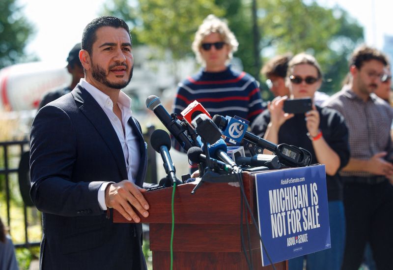 Abdul El-Sayed, winner of Michigan U.S, Democratic primary, speaks during a press conference in Detroit, Michigan, U.S. August 5, 2026.  REUTERS/Rebecca Cook