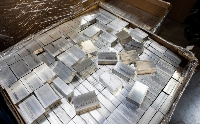 Pieces of aluminium made in the U.S. are stored at the Pacific Lock factory in Valencia, California, U.S. December 23, 2025. REUTERS/Aude Guerrucci/File Photo
