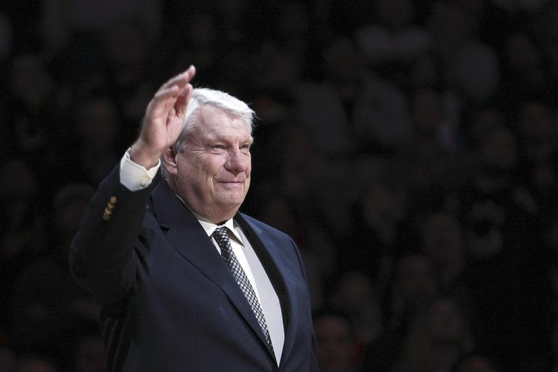 March 19, 2012; Oakland, CA, USA; Golden State Warriors former coach Don Nelson waves to fans during the half time ceremony to retire the #17 jersey of Chris Mullin at Oracle Arena. Mandatory Credit: Kelley L Cox-USA TODAY Sports