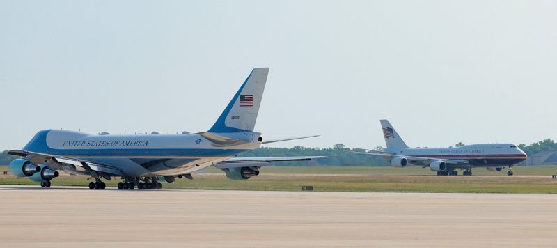 The new Air Force One, a plane gifted by the Qatari government, taxis near the old Air Force One at Joint Base Andrews, Maryland, U.S., July 1, 2026. REUTERS/Kylie Cooper