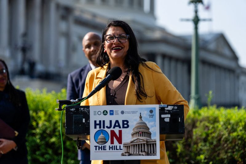 FILE PHOTO: U.S. Representative Rashida Tlaib (D-MI) speaks during “Hijab on the Hill” on Capitol Hill in Washington, D.C., U.S., July 22, 2026. REUTERS/Eric Lee/File Photo