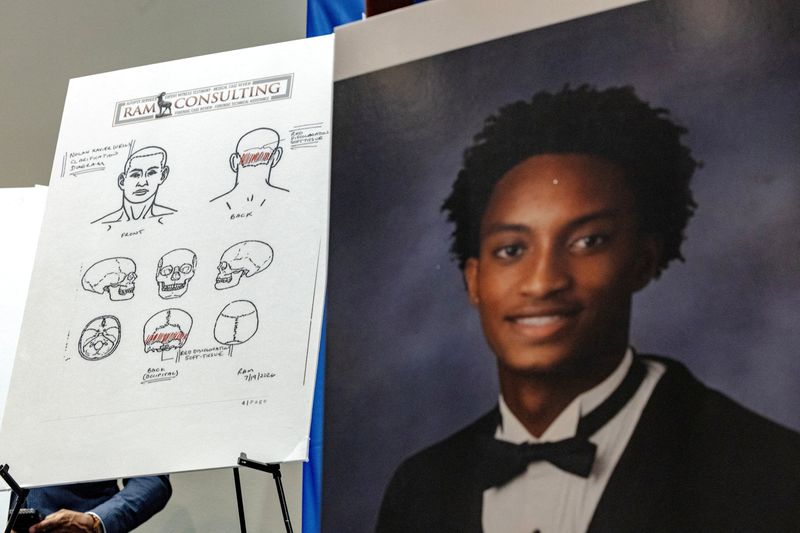 FILE PHOTO: Diagrams depicting Nolan Wells' body parts are displayed during the announcement of the results of an independent autopsy of the young Black man whose body was found on an island off the coast of Mississippi after he travelled there over the Fourth of July weekend, during a press conference at the NAACP Convention in Chicago, Illinois, U.S., July 22, 2026. REUTERS/Jim Vondruska/File Photo