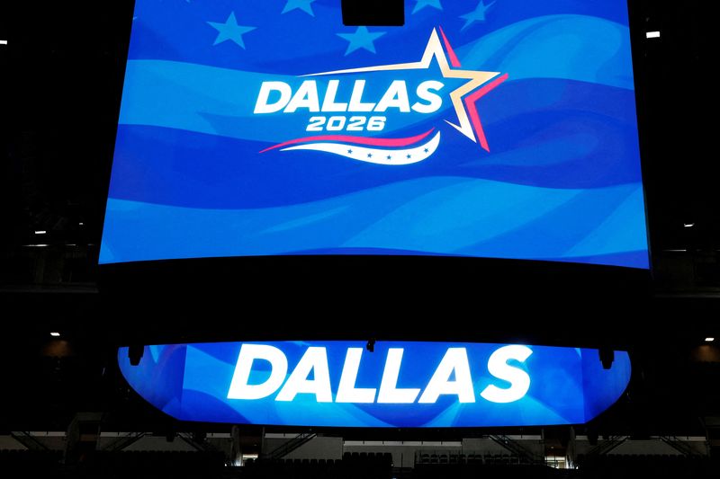 FILE PHOTO: The video board inside the American Airlines Center displays the logo for the upcoming Republican Midterm Convention during a media walkthrough in Dallas, Texas, U.S., August 5, 2026.   REUTERS/Brian Snyder/File Photo