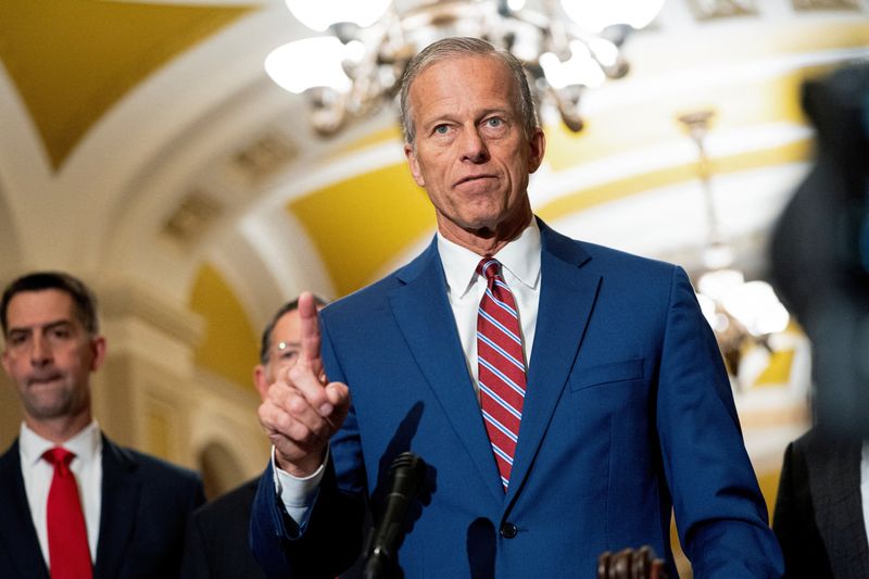 FILE PHOTO: U.S. Senate Majority Leader John Thune (R-SD) holds his weekly press conference following the Republican caucus policy luncheon at Capitol in Washington, D.C., U.S., May 13, 2025.REUTERS/Nathan Howard/File Photo