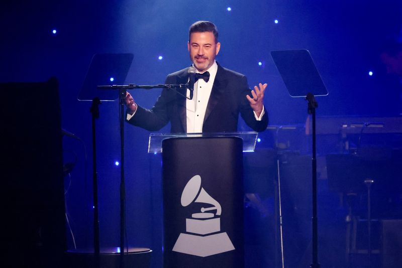 FILE PHOTO: Jimmy Kimmel speaks during the Pre-GRAMMY gala, hosted by the Recording Academy and Clive Davis, in Beverly Hills, California, U.S., February 1, 2025. REUTERS/Mario Anzuoni/ File Photo