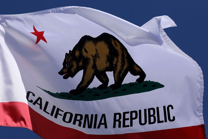 FILE PHOTO: The state flag of California flies on a flag pole in San Diego, California, U.S., October 6, 2017. REUTERS/Mike Blake/File photo