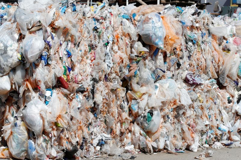 FILE PHOTO: Bales of hard-to-recycle plastic waste are seen piled up at Renewlogy Technologies in Salt Lake City, Utah, U.S., on May 18, 2021. Picture taken May 18, 2021. REUTERS/George Frey/File Photo