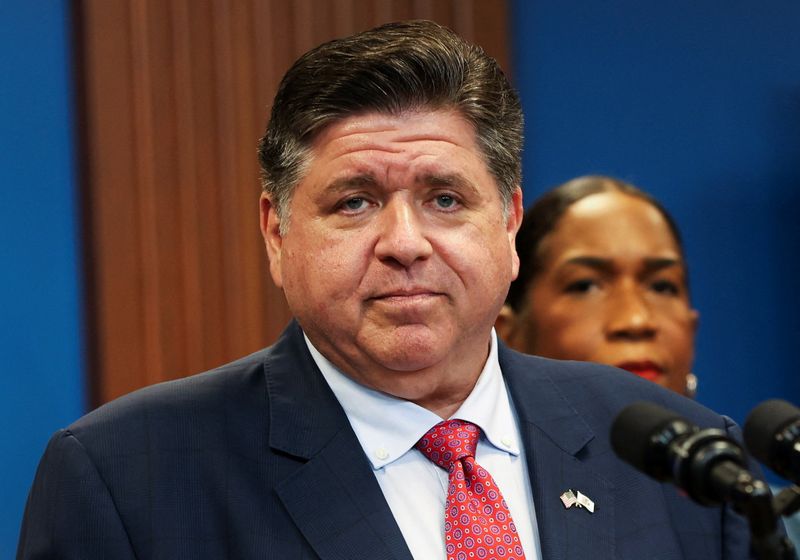 Illinois Governor JB Pritzker reacts during a press conference on reports of federal deployments in Chicago, Illinois, U.S., September 2, 2025.  REUTERS/Jim Vondruska