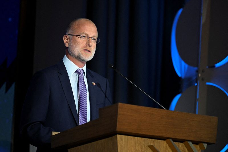 FILE PHOTO: Federal Communications Commission  (FCC) Chair Brendan Carr speaks during the U.S. Chamber of Commerce 2025 Global Aerospace Summit in Washington, D.C., U.S., September 9, 2025. REUTERS/Annabelle Gordon/File Photo